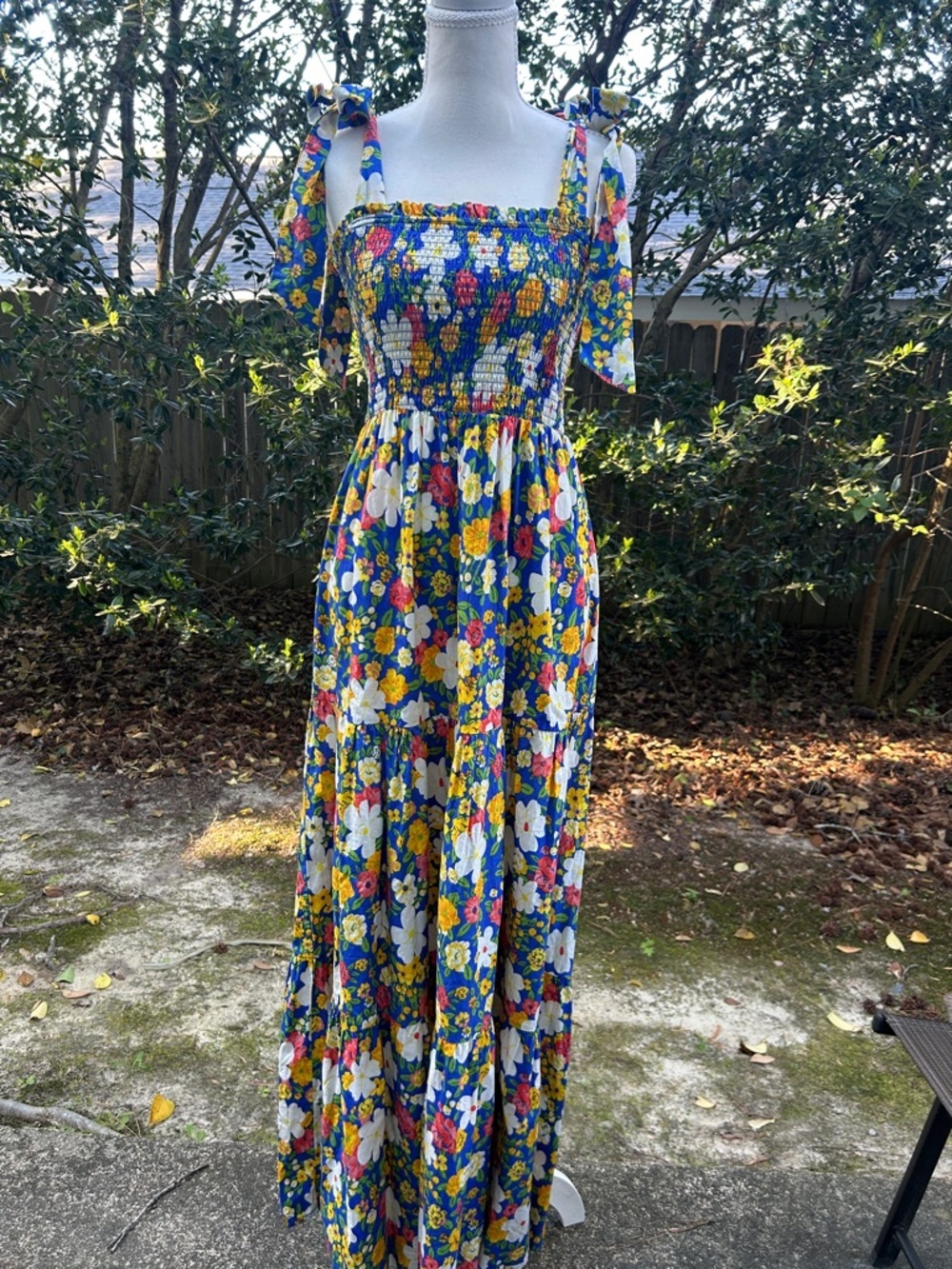 Flying Tomato Floral Tie-Shoulder Maxi Tiered Dress - Blue Yellow